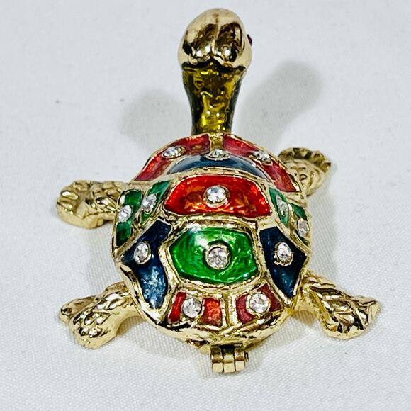 Turtle Shaped Ceramic Hinged Trinket Box Porcelain Crystals Gold Tone Multicolor - Picture 4 of 9